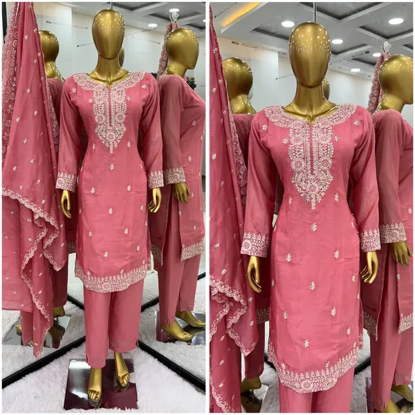 Peach_Designer_Fully_Stitched_Ready_To_Wear_Pure_Chinnon_With_Embroidery_Sequence_Work_Top-Bottom_And_Dupatta_Set_For_Women