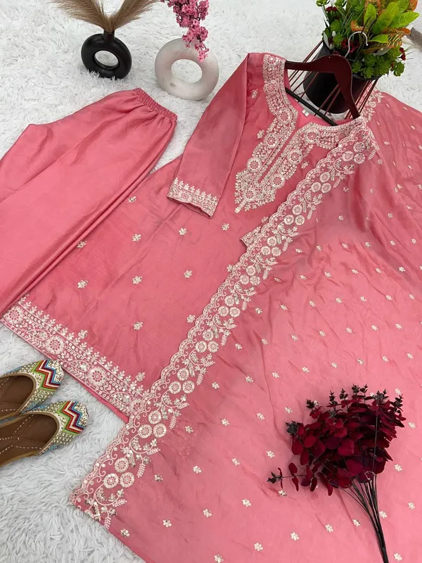 Peach_Designer_Fully_Stitched_Ready_To_Wear_Pure_Chinnon_With_Embroidery_Sequence_Work_Top-Bottom_And_Dupatta_Set_For_Women