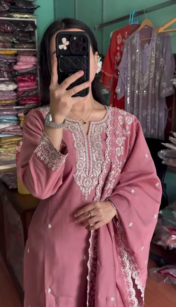 Peach_Designer_Fully_Stitched_Ready_To_Wear_Pure_Chinnon_With_Embroidery_Sequence_Work_Top-Bottom_And_Dupatta_Set_For_Women