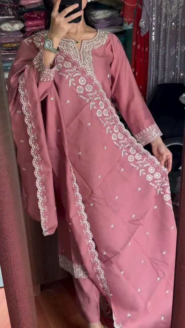 Peach_Designer_Fully_Stitched_Ready_To_Wear_Pure_Chinnon_With_Embroidery_Sequence_Work_Top-Bottom_And_Dupatta_Set_For_Women