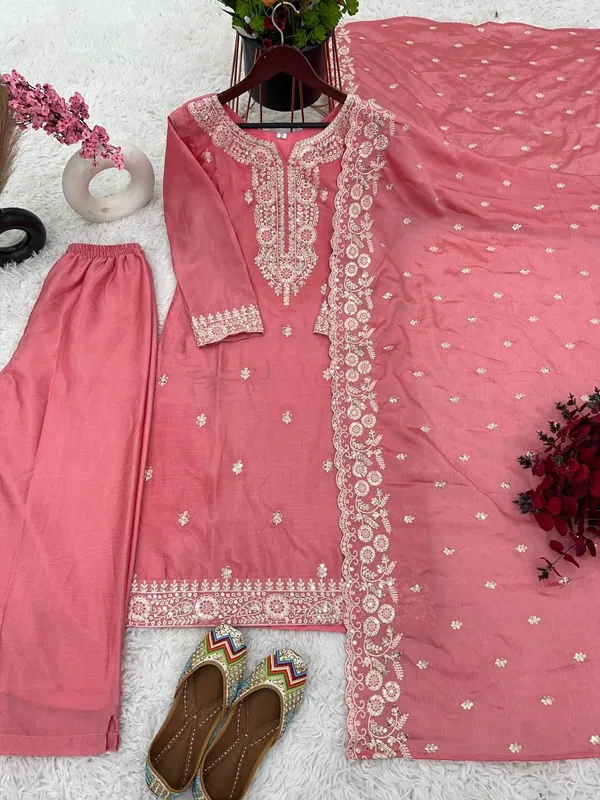 Peach_Designer_Fully_Stitched_Ready_To_Wear_Pure_Chinnon_With_Embroidery_Sequence_Work_Top-Bottom_And_Dupatta_Set_For_Women