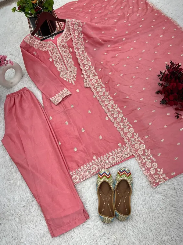 Peach_Designer_Fully_Stitched_Ready_To_Wear_Pure_Chinnon_With_Embroidery_Sequence_Work_Top-Bottom_And_Dupatta_Set_For_Women