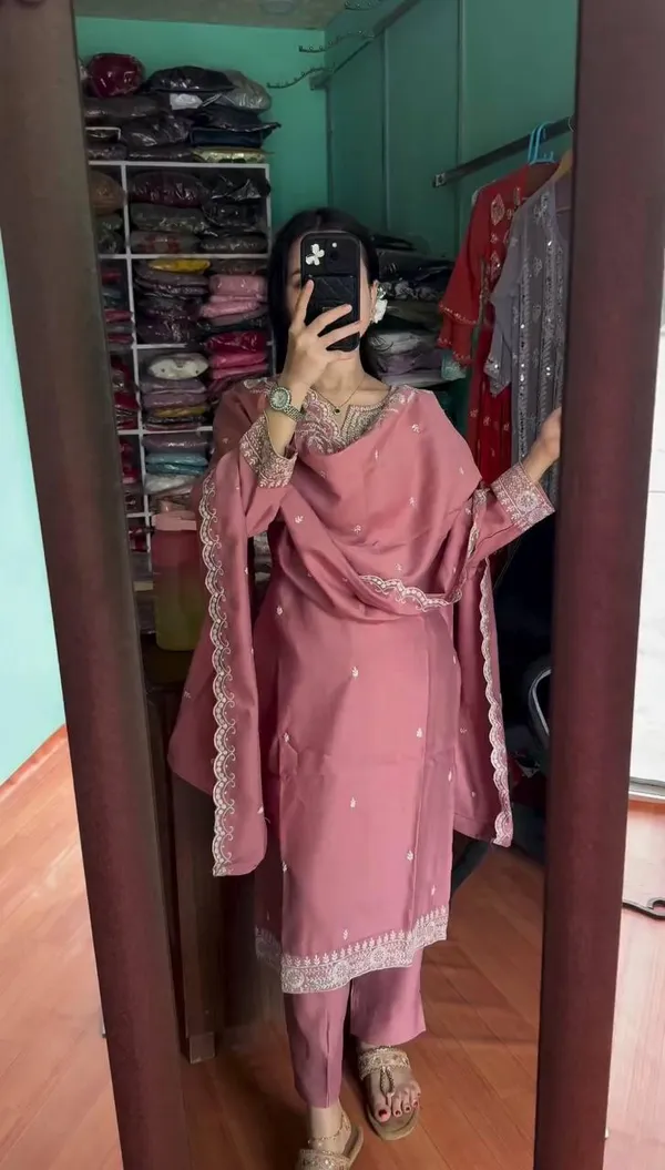 Peach_Designer_Fully_Stitched_Ready_To_Wear_Pure_Chinnon_With_Embroidery_Sequence_Work_Top-Bottom_And_Dupatta_Set_For_Women