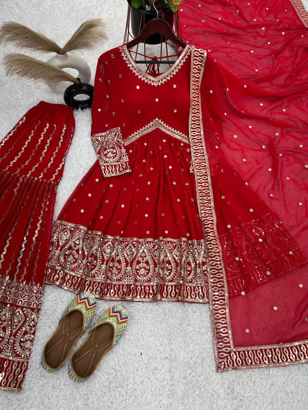 Red_Reddy_To_Wear_Top_Palazzo_With_Pure_Heavy_Faux_Georgette_With_Heavy_Embroidery-Sequence_Work_For_Women
