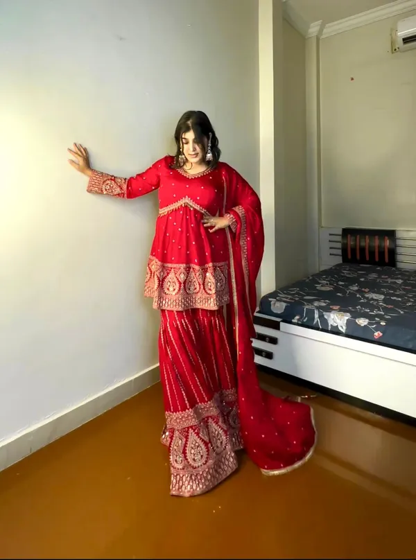 Red_Reddy_To_Wear_Top_Palazzo_With_Pure_Heavy_Faux_Georgette_With_Heavy_Embroidery-Sequence_Work_For_Women