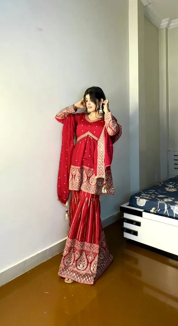 Red_Reddy_To_Wear_Top_Palazzo_With_Pure_Heavy_Faux_Georgette_With_Heavy_Embroidery-Sequence_Work_For_Women