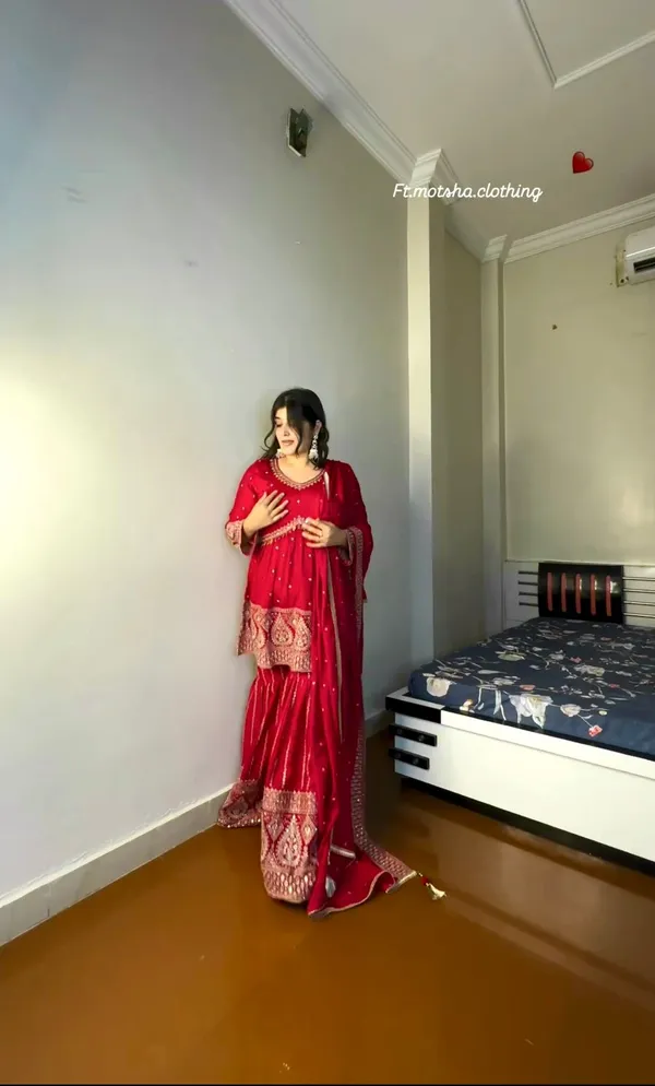 Red_Reddy_To_Wear_Top_Palazzo_With_Pure_Heavy_Faux_Georgette_With_Heavy_Embroidery-Sequence_Work_For_Women