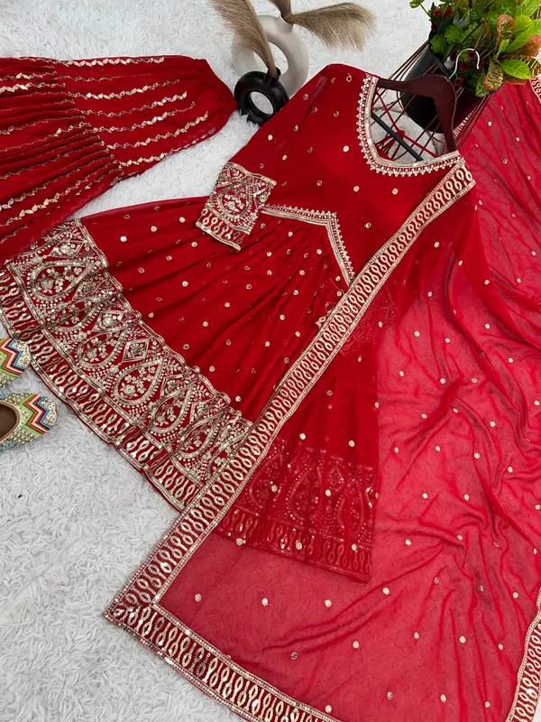 Red_Reddy_To_Wear_Top_Palazzo_With_Pure_Heavy_Faux_Georgette_With_Heavy_Embroidery-Sequence_Work_For_Women