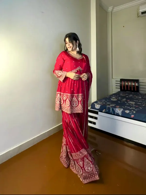 Red_Reddy_To_Wear_Top_Palazzo_With_Pure_Heavy_Faux_Georgette_With_Heavy_Embroidery-Sequence_Work_For_Women