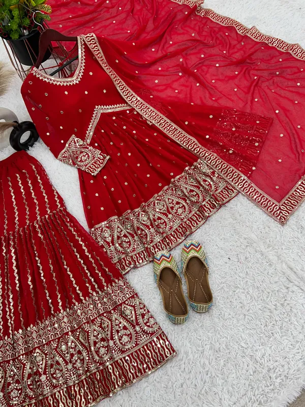 Red_Reddy_To_Wear_Top_Palazzo_With_Pure_Heavy_Faux_Georgette_With_Heavy_Embroidery-Sequence_Work_For_Women