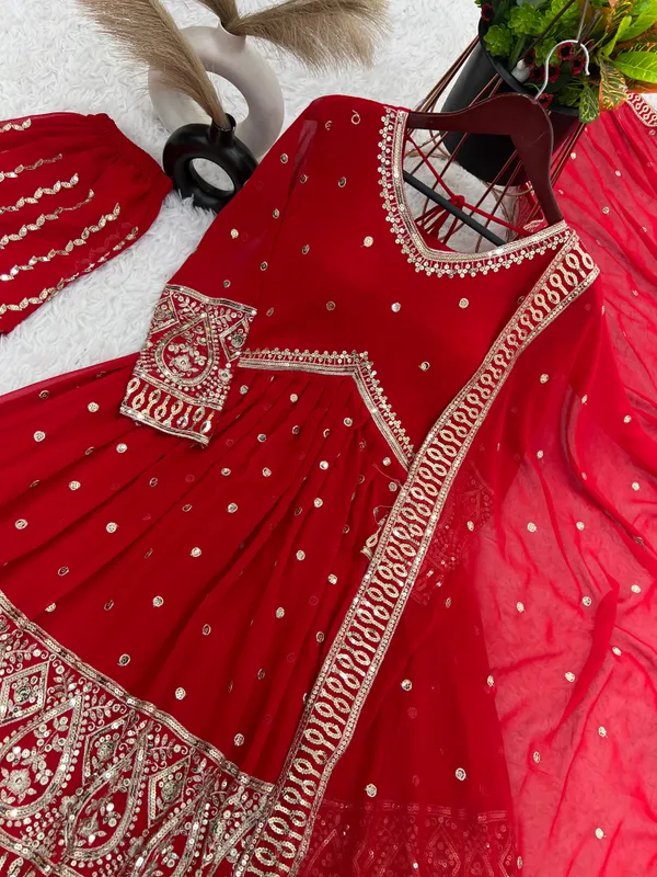 Red_Reddy_To_Wear_Top_Palazzo_With_Pure_Heavy_Faux_Georgette_With_Heavy_Embroidery-Sequence_Work_For_Women
