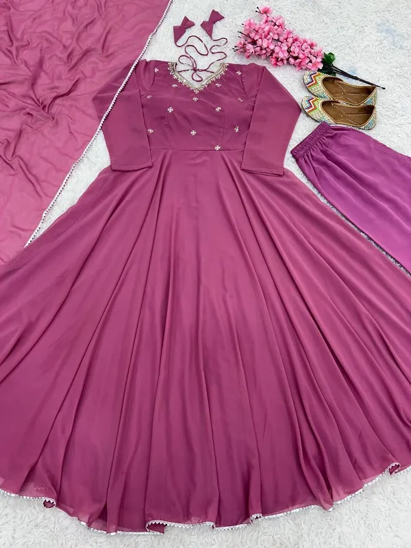 Pink__Fully_Stitched_Designer_Faux_Georgette_With_Embroidery_Work_Gown_And_Dupatta_Set_For_Women