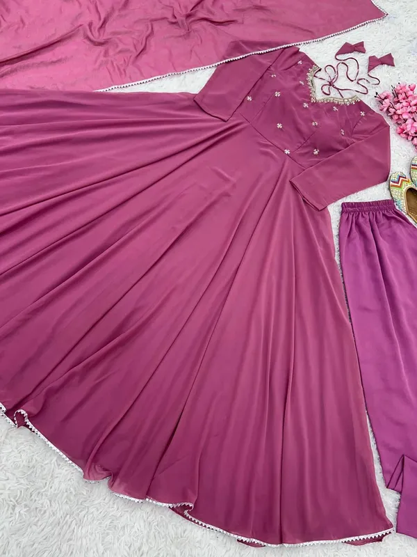 Pink__Fully_Stitched_Designer_Faux_Georgette_With_Embroidery_Work_Gown_And_Dupatta_Set_For_Women