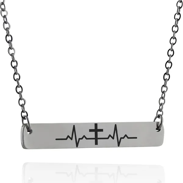 RoiDes_Arts_Cross_Necklace_with_Heartbeat_Design,_Stainless_Steel_Bar_Pendant,_Silver_Chain,_Religious_Faith_Jewelry,_Modern_Style