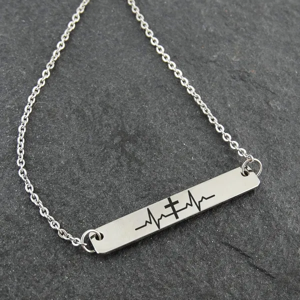 RoiDes_Arts_Cross_Necklace_with_Heartbeat_Design,_Stainless_Steel_Bar_Pendant,_Silver_Chain,_Religious_Faith_Jewelry,_Modern_Style