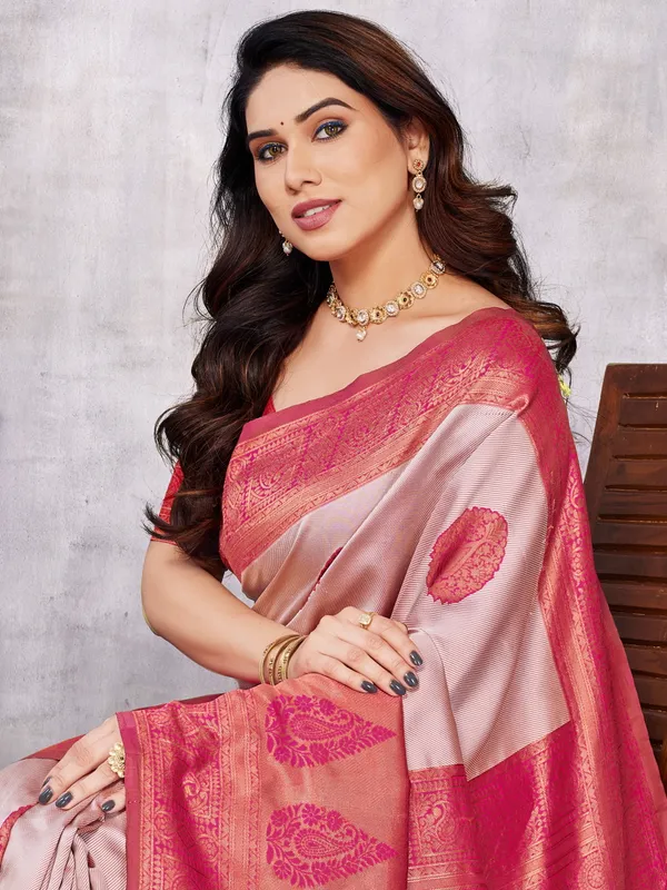 Sanu_silk_Peach_With_Offwhite_Pure_Kanjivaram_Silk_Saree_Stylish_Blouse_Piece
