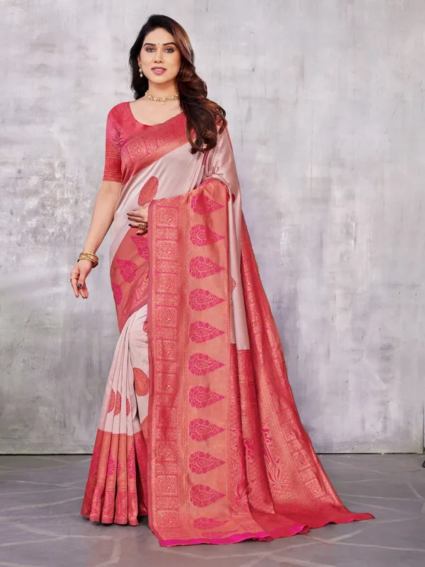 Sanu_silk_Peach_With_Offwhite_Pure_Kanjivaram_Silk_Saree_Stylish_Blouse_Piece