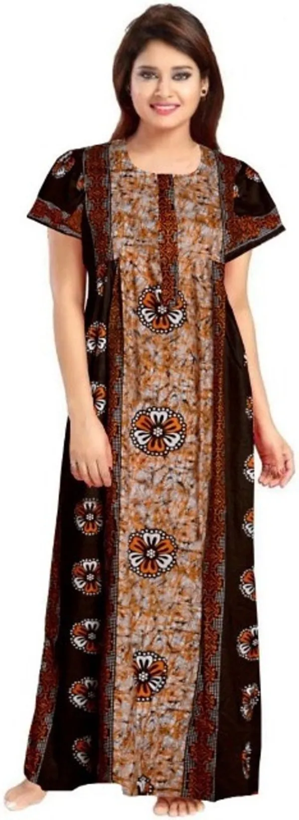 Brown_Cotton_Printed_Long_Nighty_For_Women