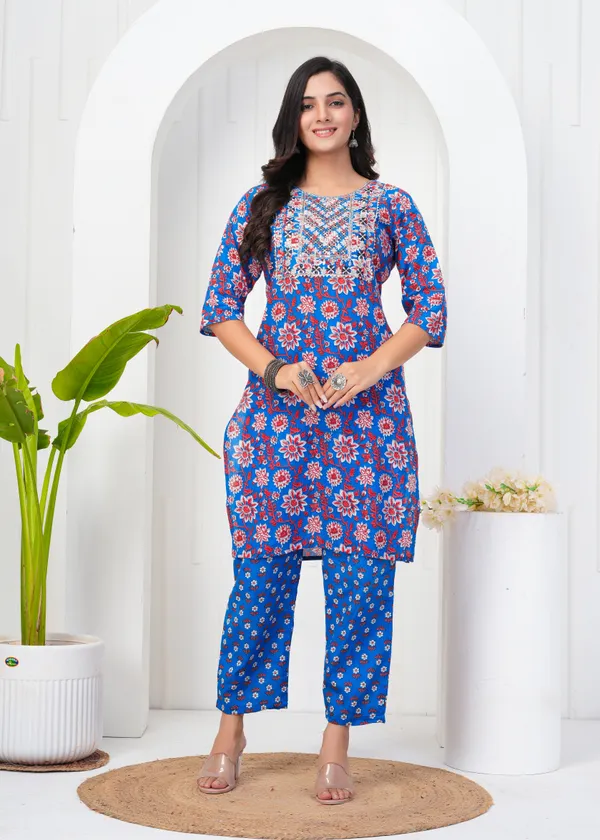 Blue_Cotton_Blend_Floral_Print_Straight_Kurta_&_Pant_For_Women