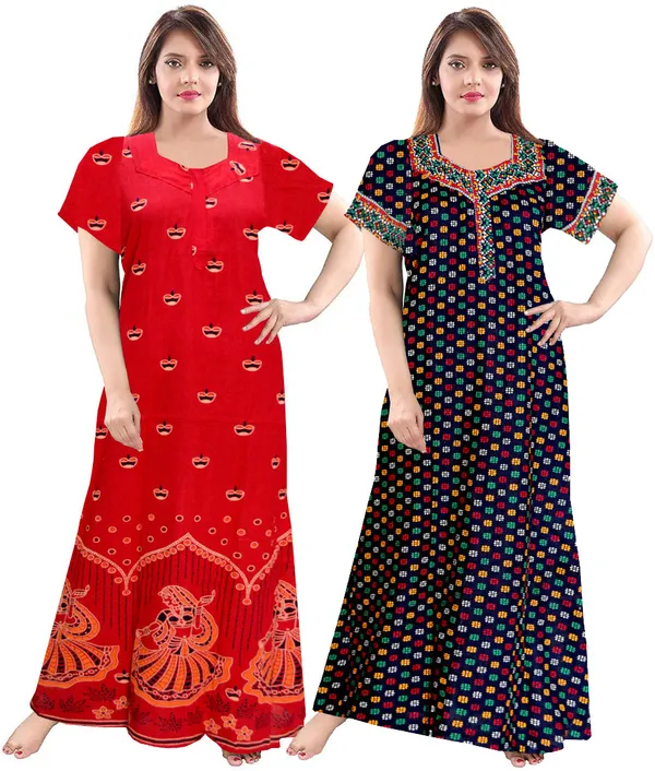 Pack_of_2_Pure_Cotton_Printed_Nighty_For_Women_|_Red_&_Blue