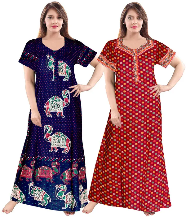 Pack_of_2_Pure_Cotton_Printed_Nighty_For_Women_|_Blue_&_Maroon