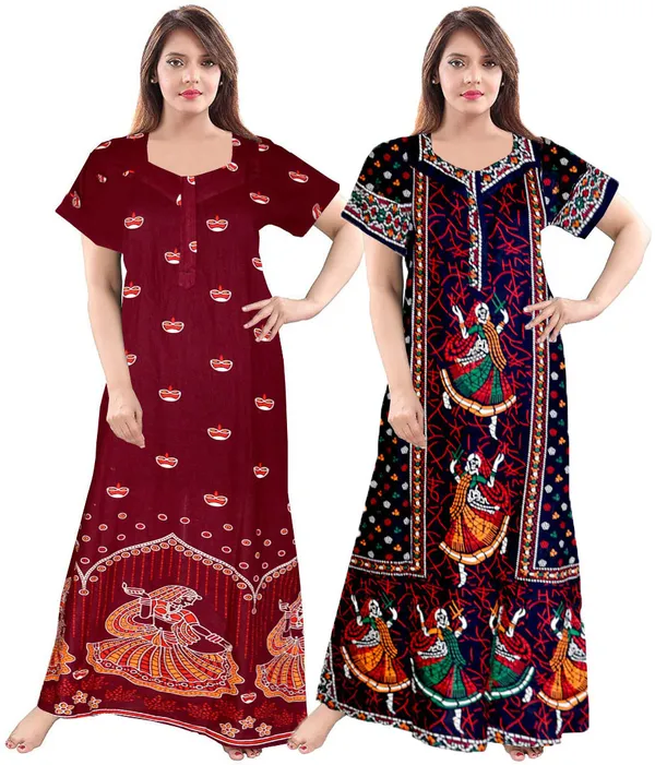 Pack_of_2_Pure_Cotton_Printed_Nighty_For_Women_|_Maroon_&_Blue