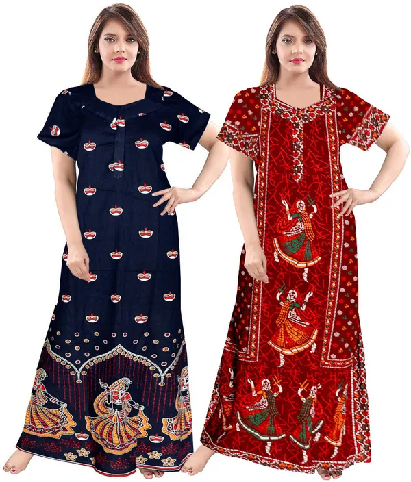 Pack_of_2_Pure_Cotton_Printed_Nighty_For_Women_|_Blue_&_Maroon