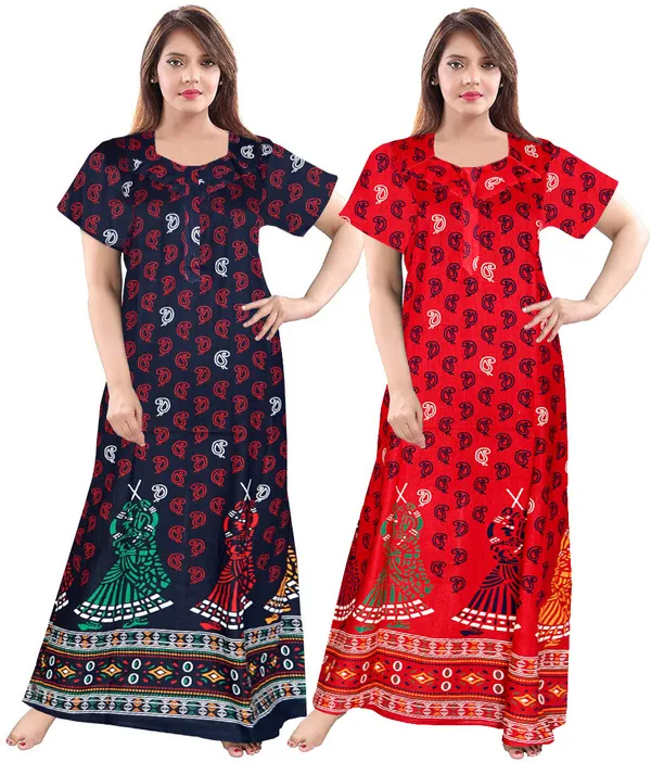 Pack_of_2_Pure_Cotton_Printed_Nighty_For_Women_|_Blue_&_Red