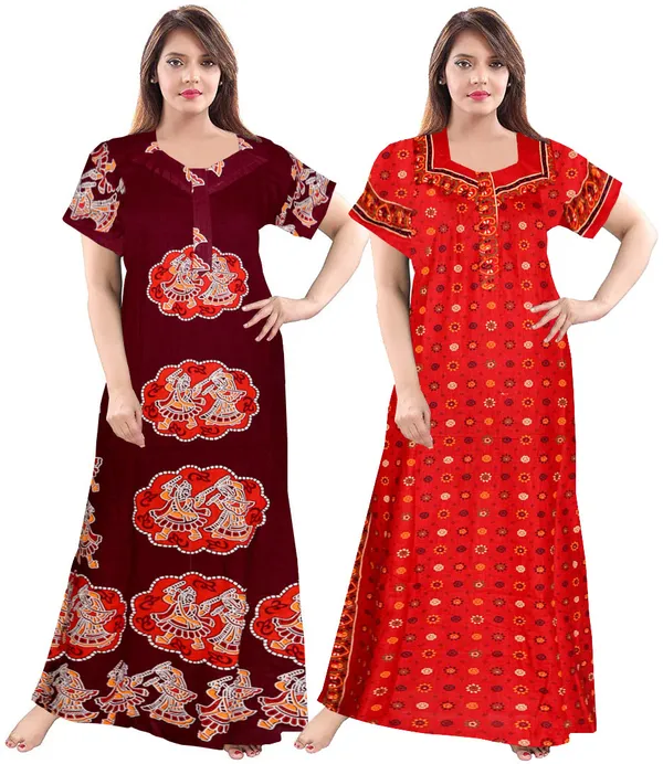 Pack_of_2_Pure_Cotton_Printed_Nighty_For_Women_|_Maroon_&_Red
