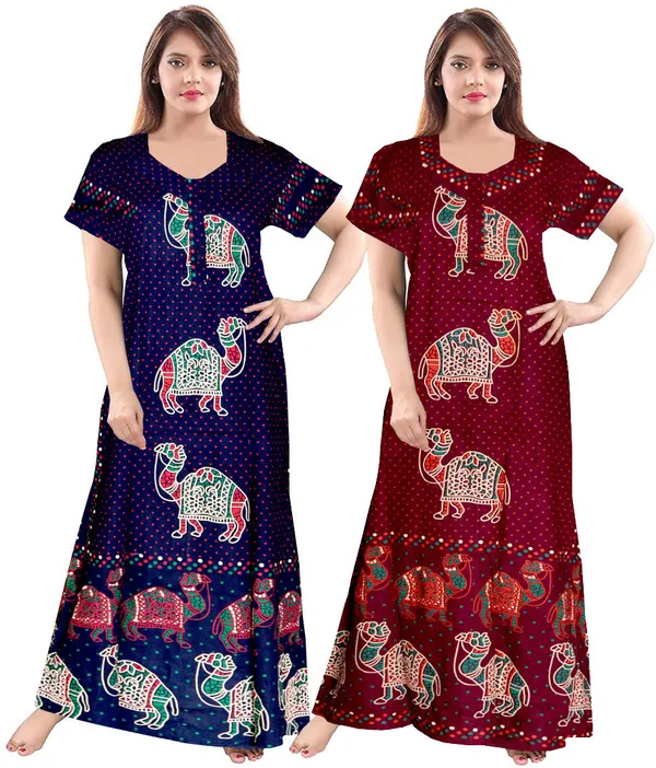 Pack_of_2_Pure_Cotton_Printed_Nighty_For_Women_|_Blue_&_Maroon