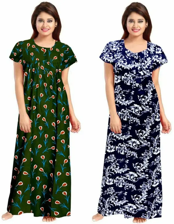 Pack_of_2_Cotton_Floral_Nighty_For_Women_|_Green_&_Blue