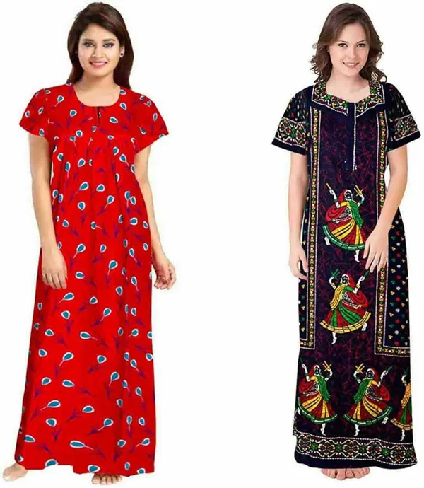 Pack_of_2_Cotton_Printed_Long_Nighty_For_Women_|_Blue_&_Red