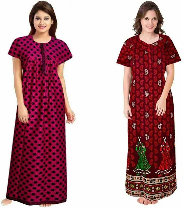 Pack_of_2_Cotton_Printed_Long_Nighty_For_Women_|_Pink_&_Maroon