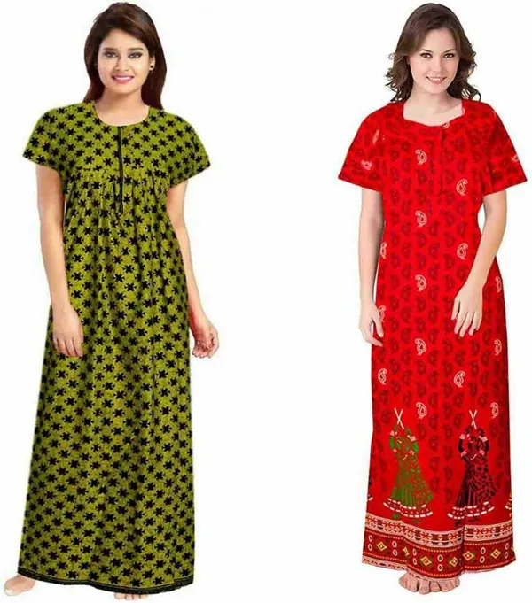 Pack_of_2_Cotton_Printed_Long_Nighty_For_Women_|_Green_&_Red