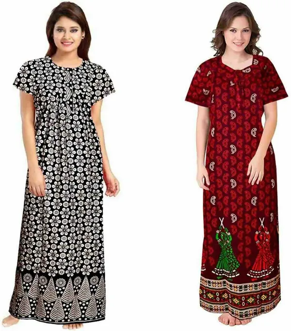 Pack_of_2_Cotton_Printed_Long_Nighty_For_Women_|_Black_&_Maroon