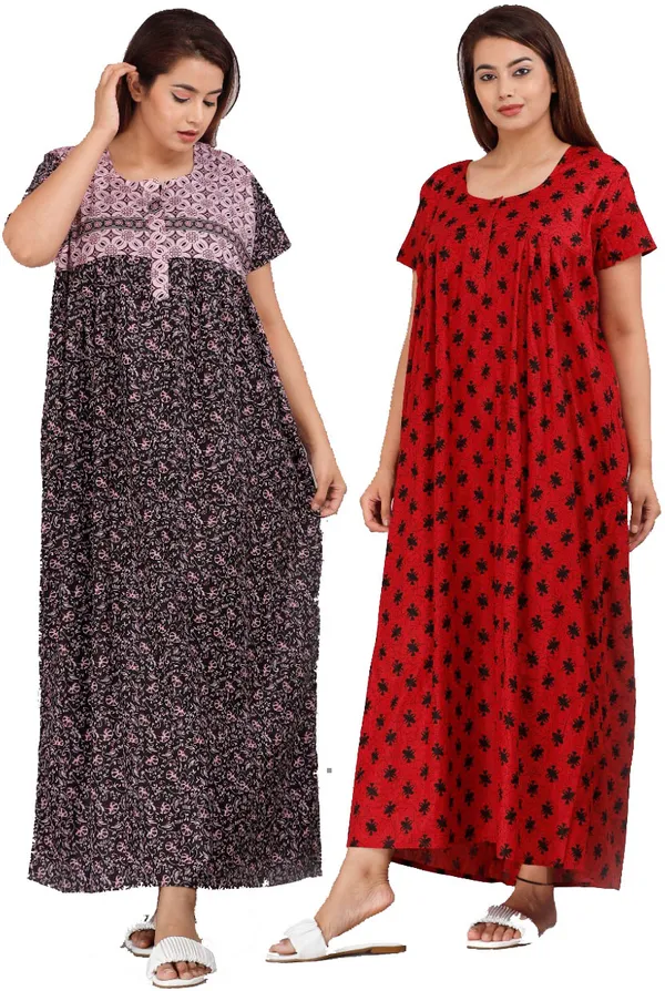 Pack_of_2_Pure_Cotton_Printed_Nighty_For_Women_|_Pink_&_Red