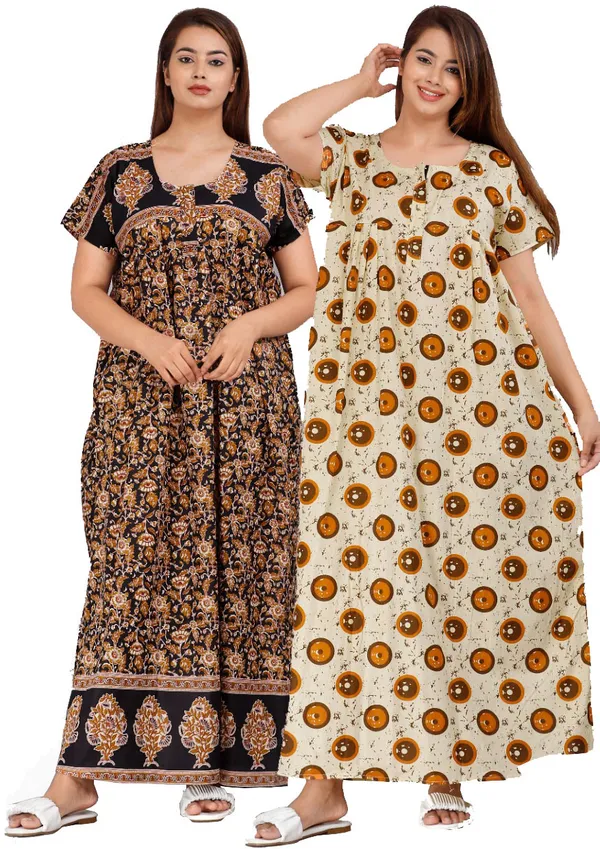 Pack_of_2_Pure_Cotton_Printed_Nighty_For_Women_|_Black_&_Yellow