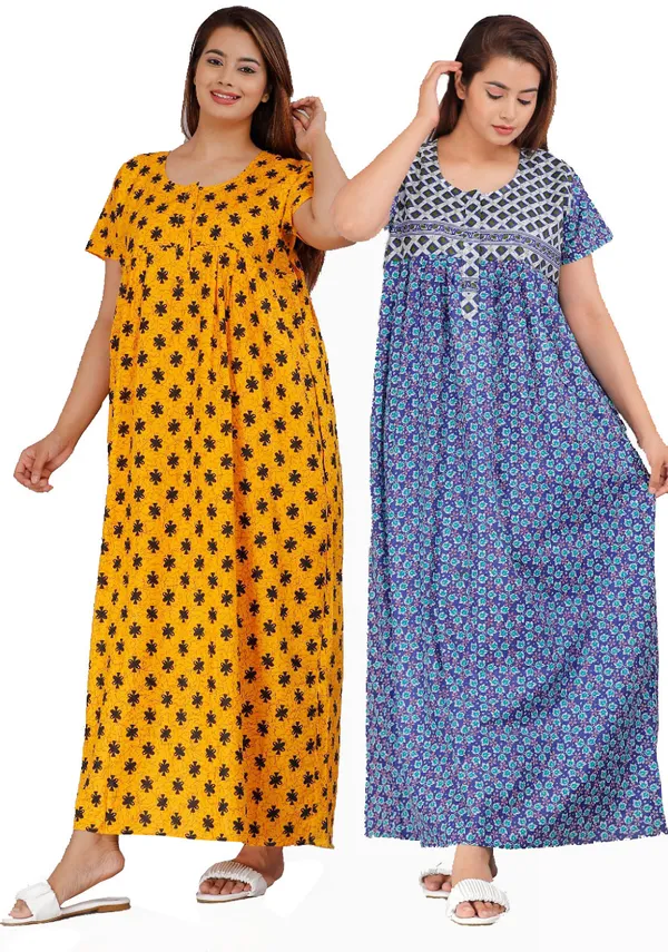 Pack_of_2_Pure_Cotton_Printed_Nighty_For_Women_|_Yellow_&_Blue