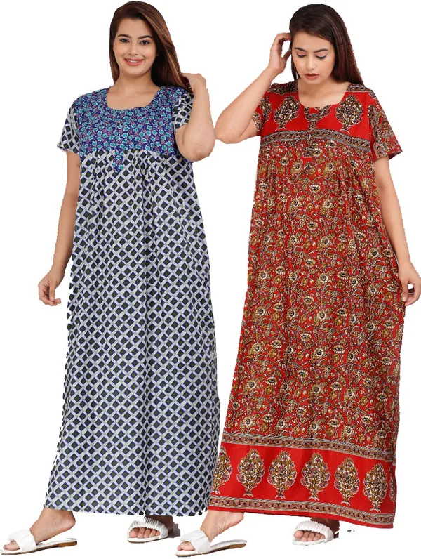 Pack_of_2_Pure_Cotton_Printed_Nighty_For_Women_|_Blue_&_Red