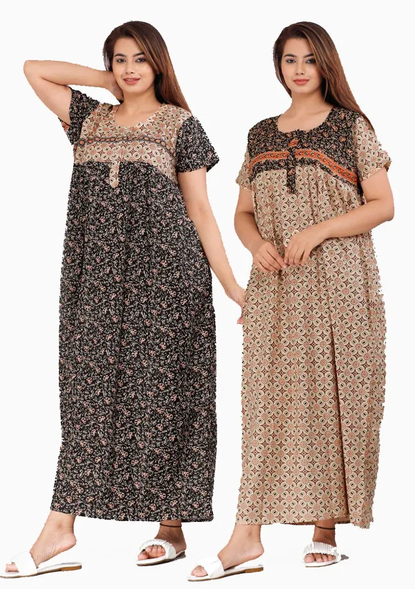 Pack_of_2_Pure_Cotton_Printed_Nighty_For_Women_|_Black_&_Brown