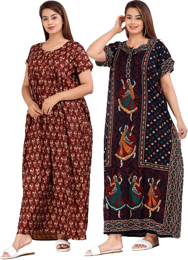 Pack_of_2_Pure_Cotton_Printed_Nighty_For_Women_|_Maroon_&_Blue
