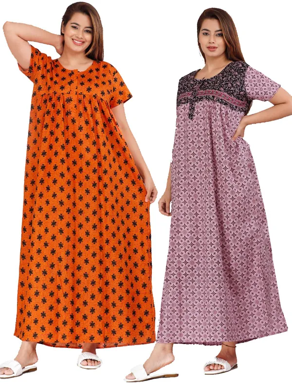 Pack_of_2_Pure_Cotton_Printed_Nighty_For_Women_|_Orange_&_Pink