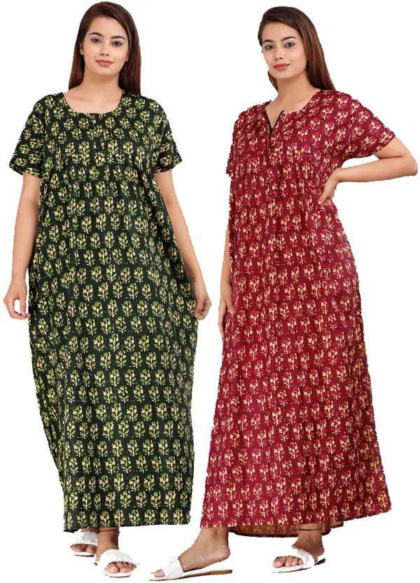 Pack_of_2_Pure_Cotton_Printed_Nighty_For_Women_|_Green_&_Pink