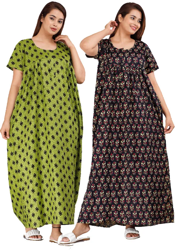 Pack_of_2_Pure_Cotton_Printed_Nighty_For_Women_|_Green_&_Blue