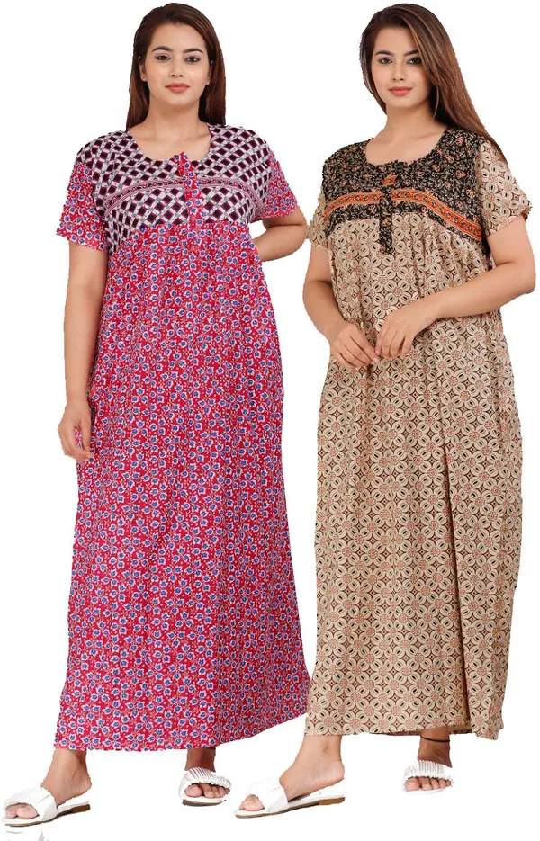 Pack_of_2_Pure_Cotton_Printed_Nighty_For_Women_|_Pink_&_Brown