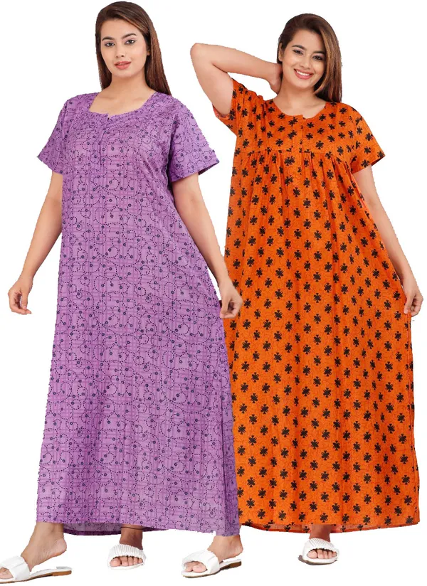 Pack_of_2_Pure_Cotton_Printed_Nighty_For_Women_|_Purple_&_Orange