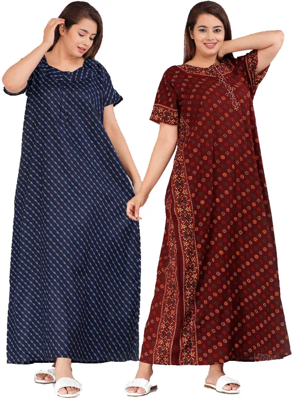 Pack_of_2_Pure_Cotton_Printed_Nighty_For_Women_|_Blue_&_Maroon