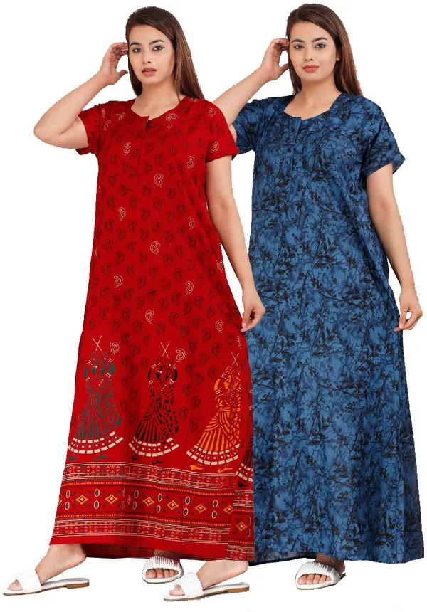 Pack_of_2_Pure_Cotton_Printed_Nighty_For_Women_|_Red_&_Blue