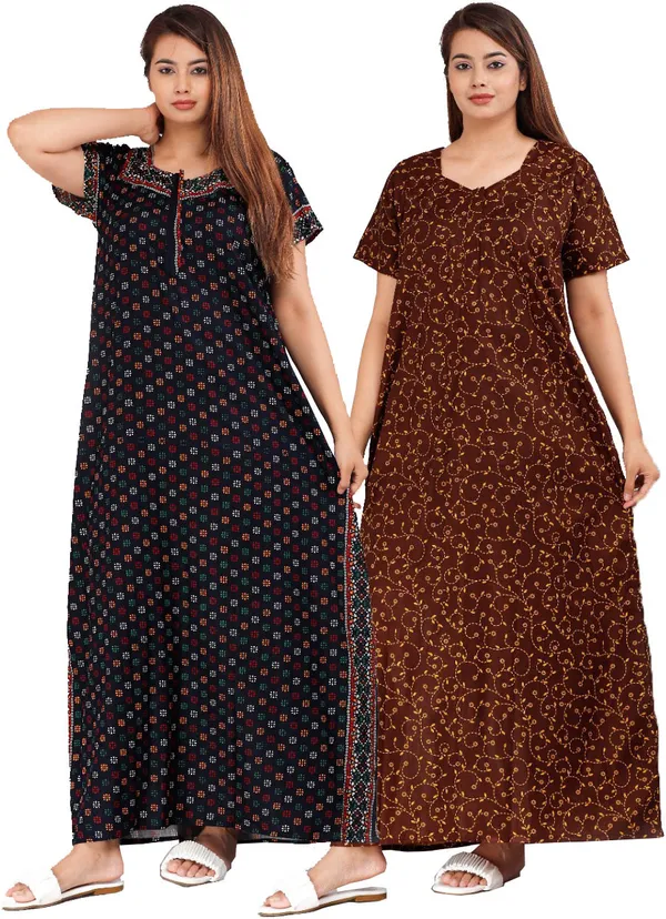 Pack_of_2_Pure_Cotton_Printed_Nighty_For_Women_|_Brown_&_Black