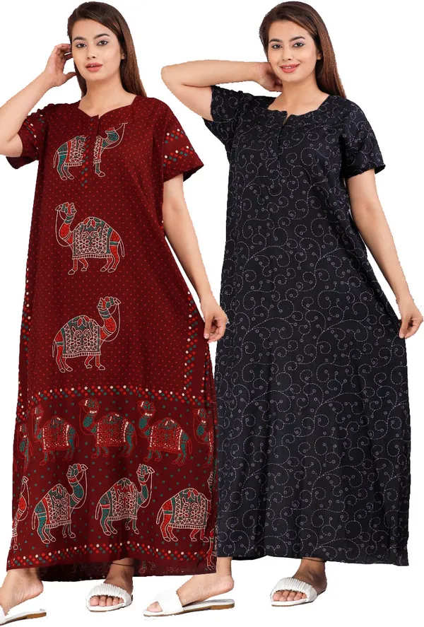 Pack_of_2_Pure_Cotton_Printed_Nighty_For_Women_|_Maroon_&_Black